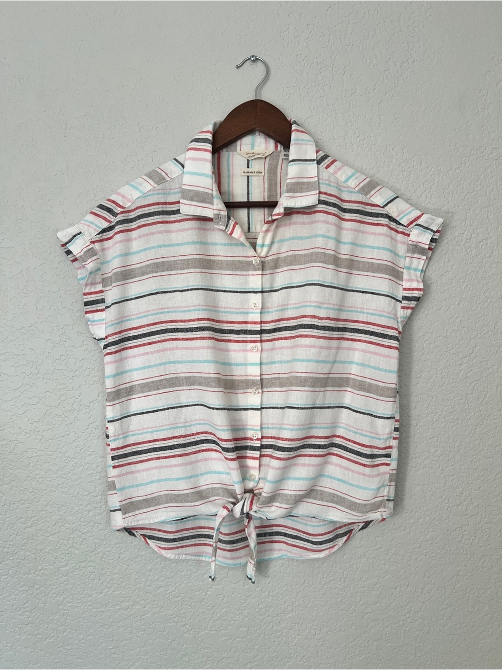 Weatherproof Vintage Striped Tie-Front Button-Up Shirt - Pink & Teal